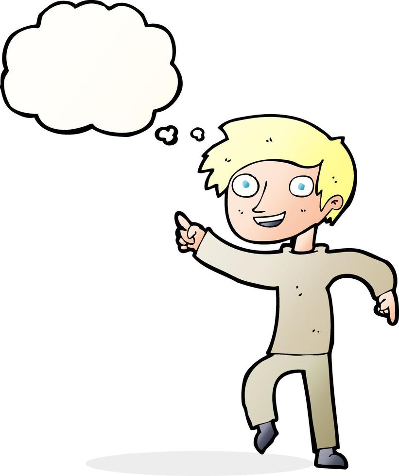 cartoon happy boy pointing with thought bubble vector