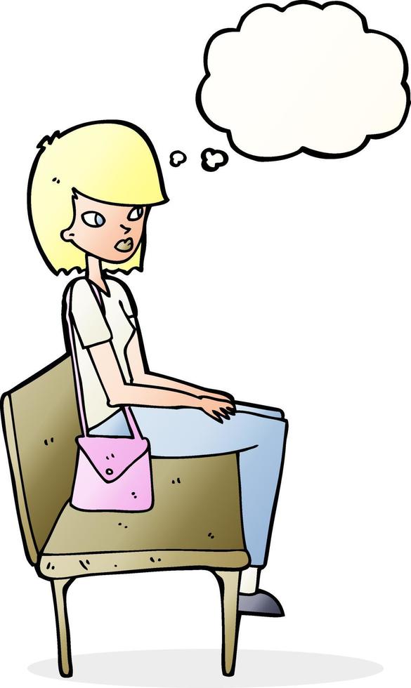 cartoon woman sitting on bench with thought bubble vector