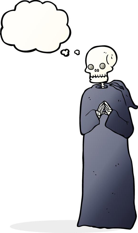 cartoon skeleton in black robe with thought bubble vector