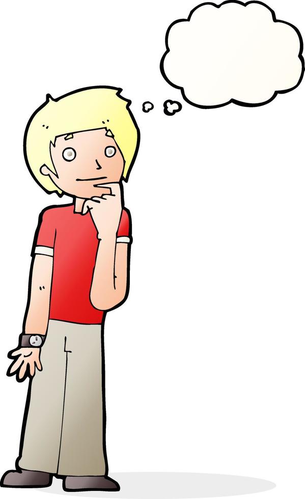cartoon boy wondering with thought bubble vector