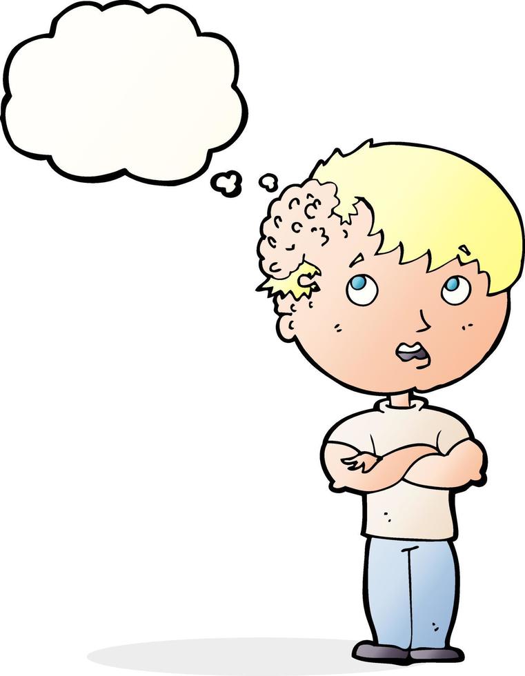 cartoon boy with growth on head with thought bubble vector