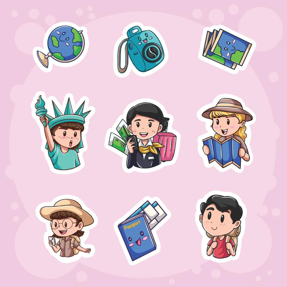 Sticker Set Kawai Traveling Concept vector