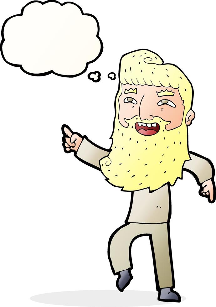 cartoon man with beard laughing and pointing with thought bubble vector