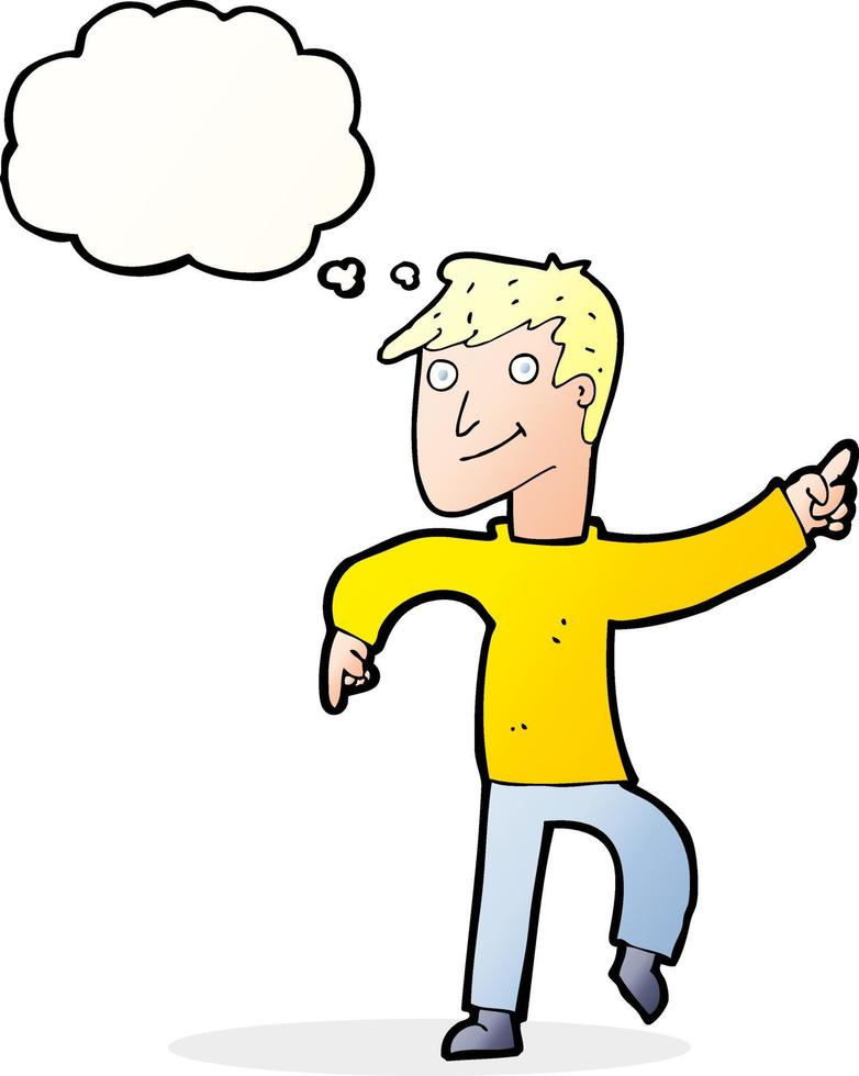 cartoon happy man pointing with thought bubble vector