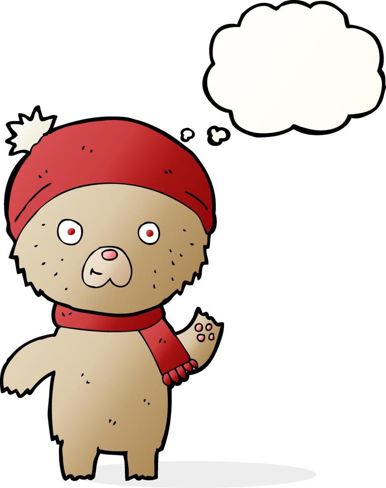 cartoon waving teddy bear with thought bubble vector