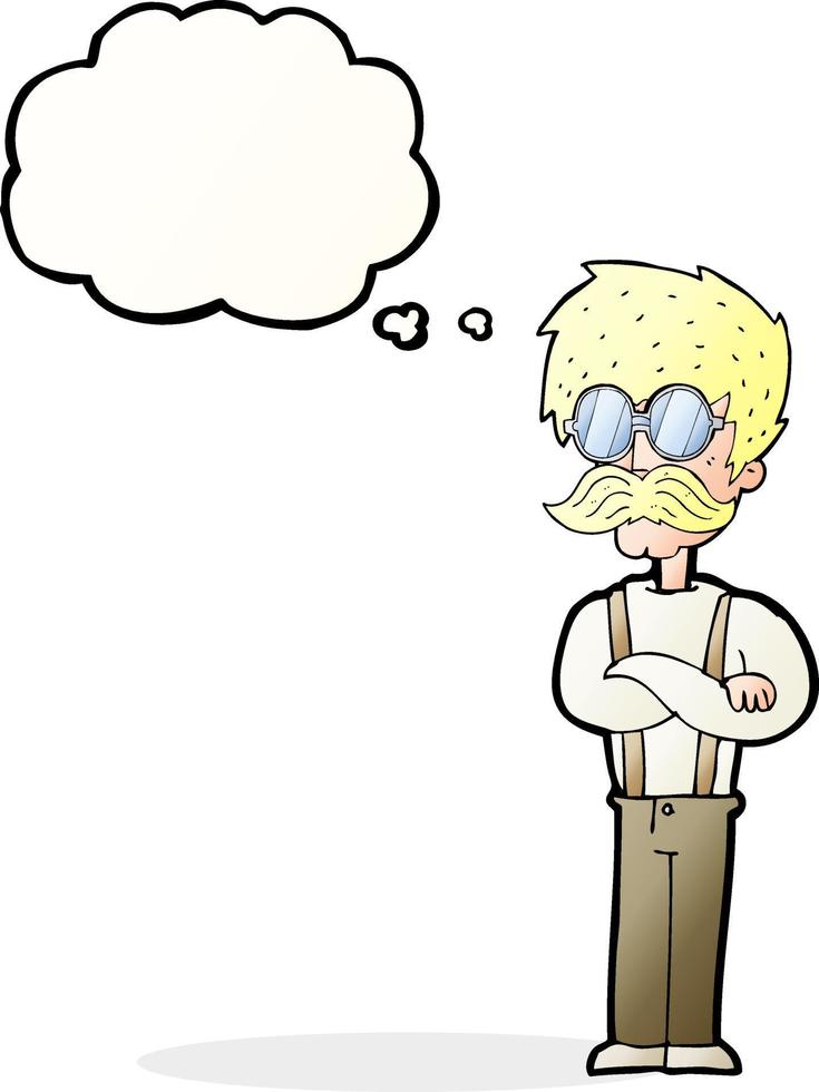 cartoon hipster man with mustache and spectacles with thought bubble vector