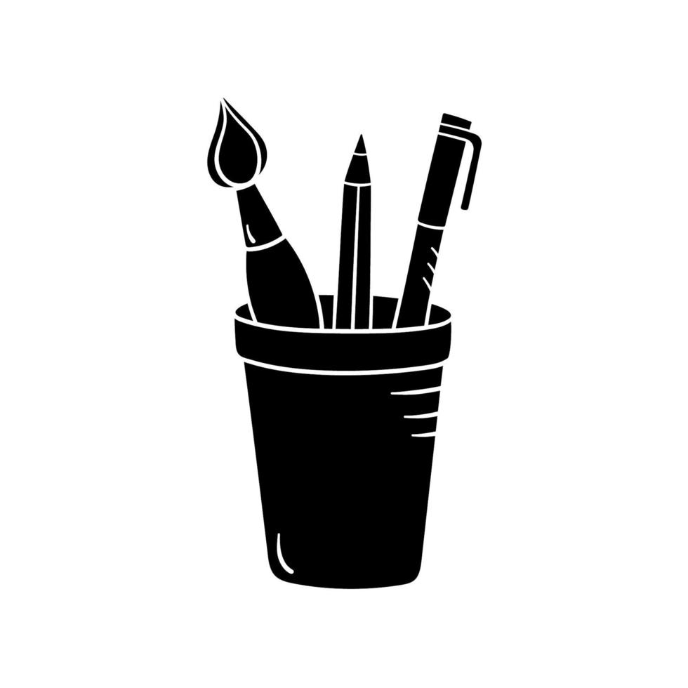 Pencil and brush silhouette in cup in simple style, vector illustration. Sketch of school tools, hand drawn icon. Isolated element on a white background. Office stationery for work and study for print