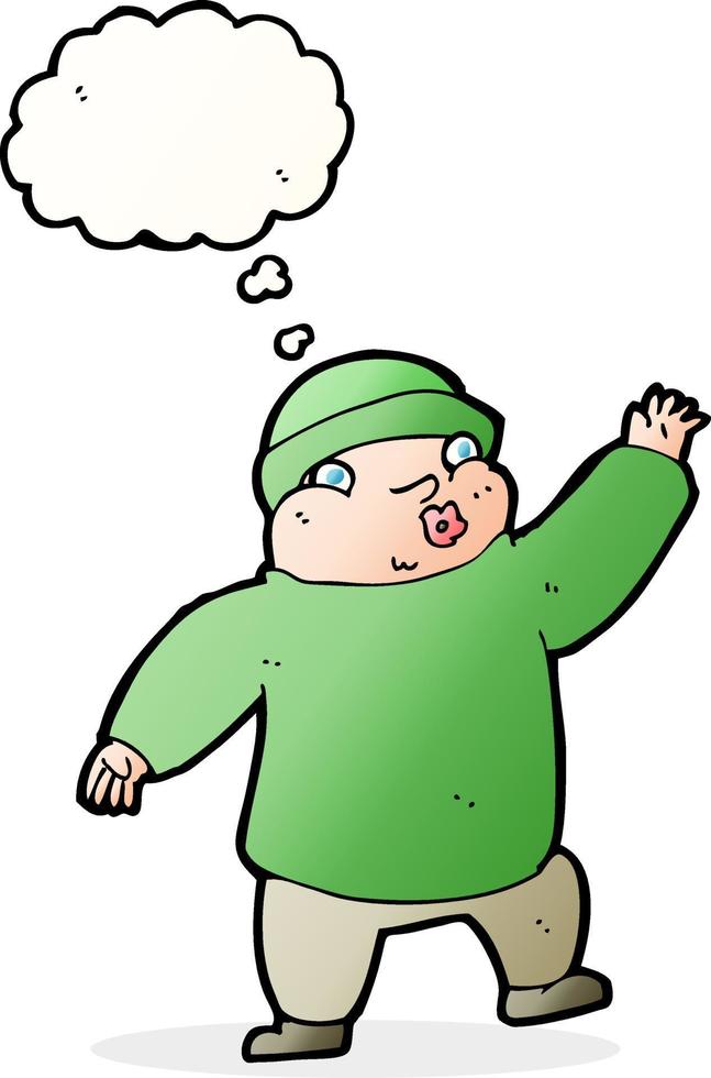 cartoon man in hat waving with thought bubble vector