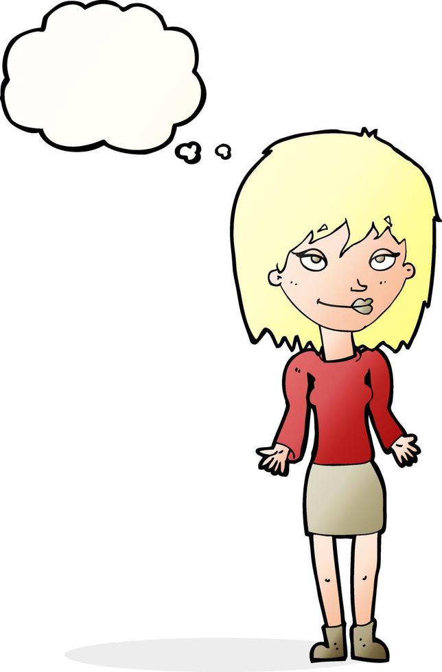 cartoon woman shrugging shoulders with thought bubble vector