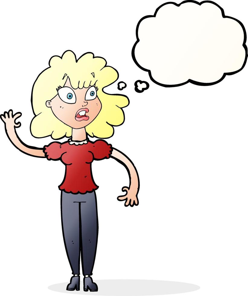 cartoon worried woman waving with thought bubble vector