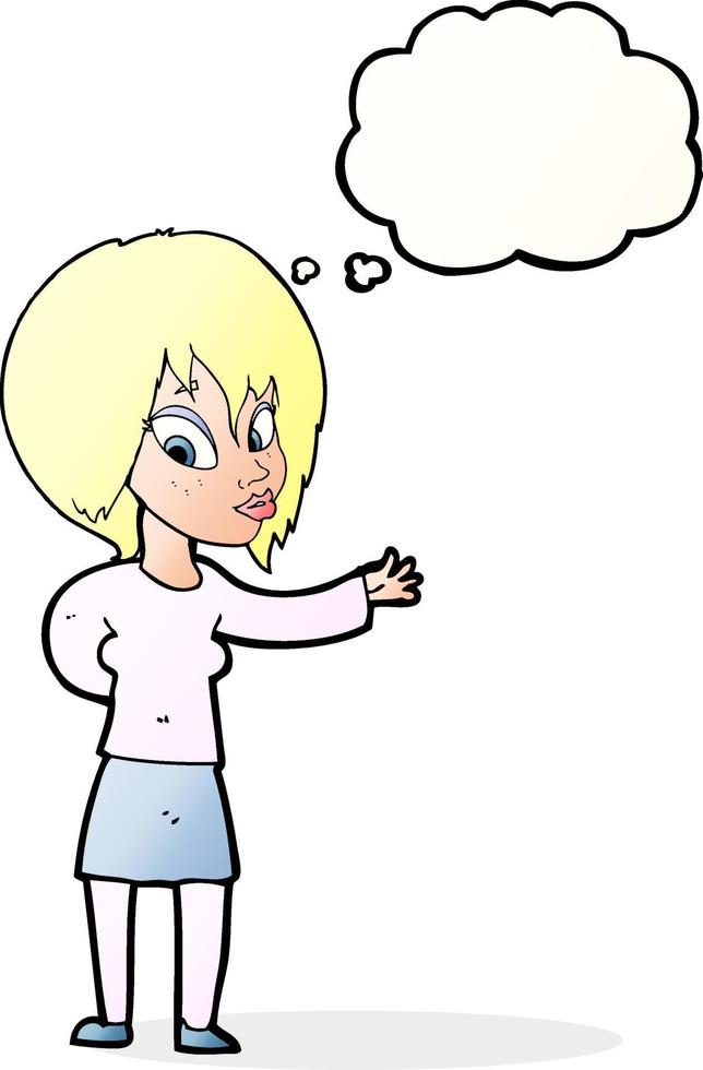 cartoon woman making welcome gesture with thought bubble vector