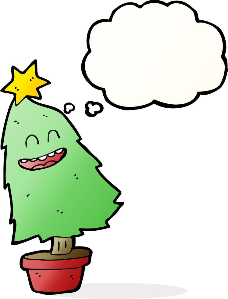 árbol de navidad bailando dibujos animados con burbujas de pensamiento vector