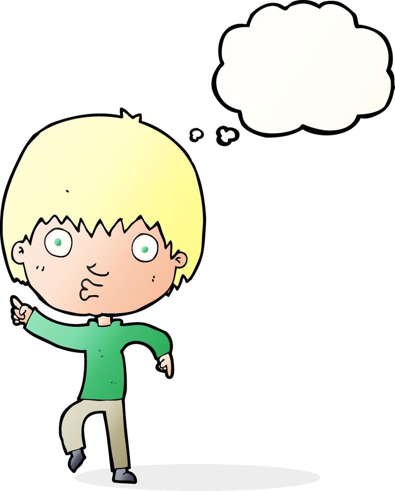 cartoon impressed boy pointing with thought bubble vector
