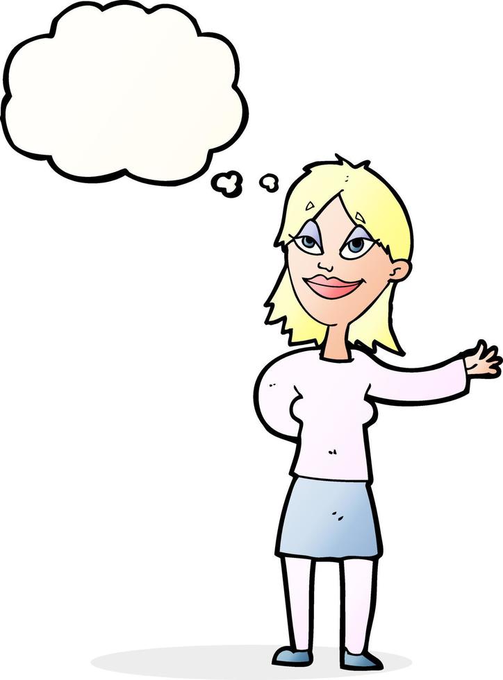 cartoon woman gesturing to show something with thought bubble vector