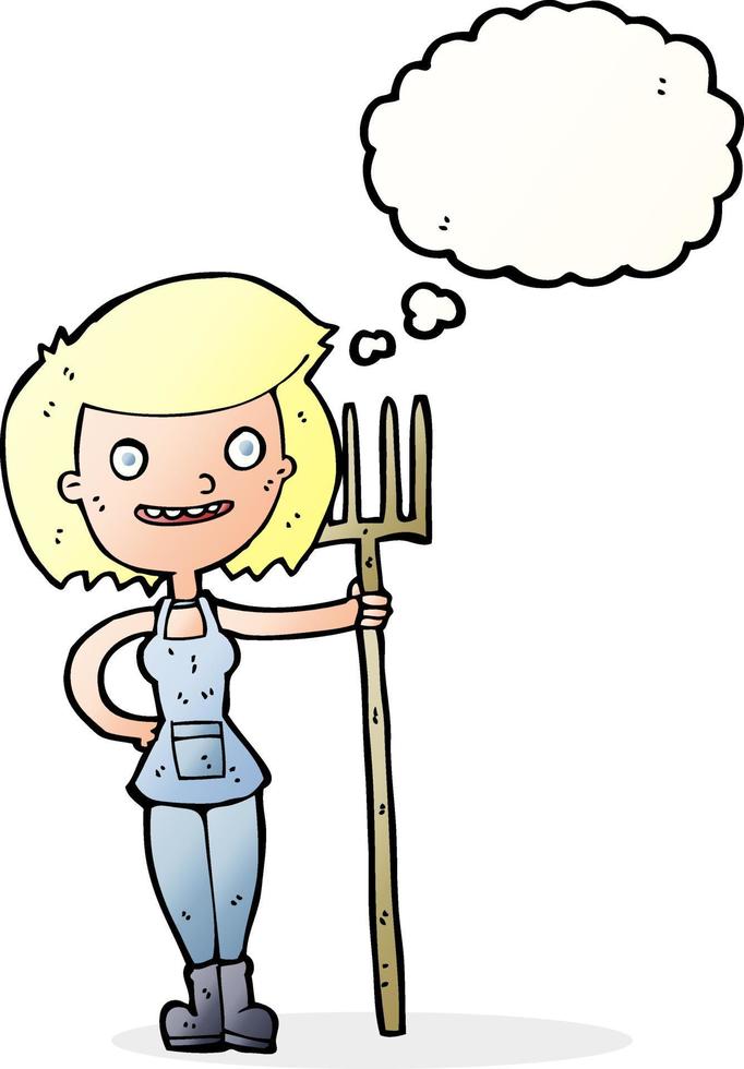 cartoon happy farmer girl with thought bubble vector
