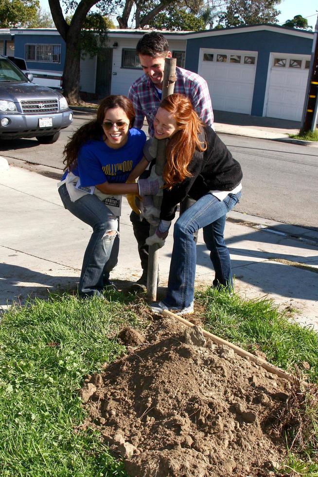 LOS ANGELES, FEB 9 - Theresa Castilo, Jason Thompson, and Emily Wilson removing old fence post at the 4th General Hospital Habitat for Humanity Fan Build Day at the 191 E Marker Street on February 9, 2013 in Long Beach, CA photo