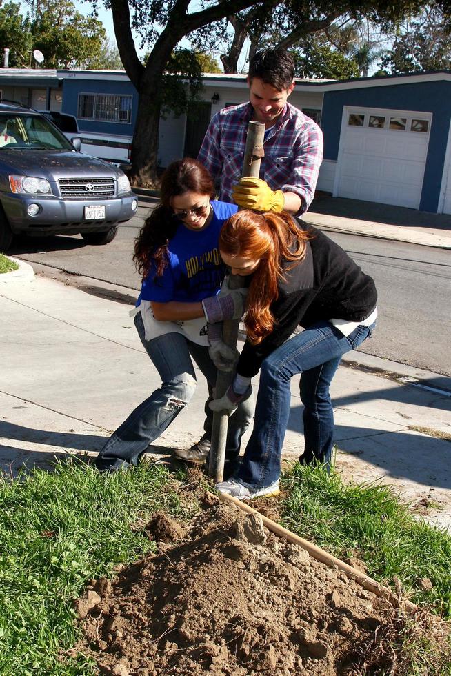 LOS ANGELES, FEB 9 - Theresa Castilo, Jason Thompson, and Emily Wilson removing old fence post at the 4th General Hospital Habitat for Humanity Fan Build Day at the 191 E Marker Street on February 9, 2013 in Long Beach, CA photo