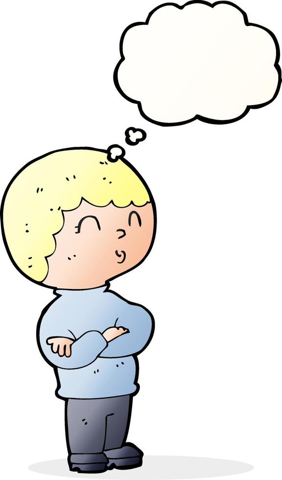 cartoon boy with folded arms with thought bubble vector