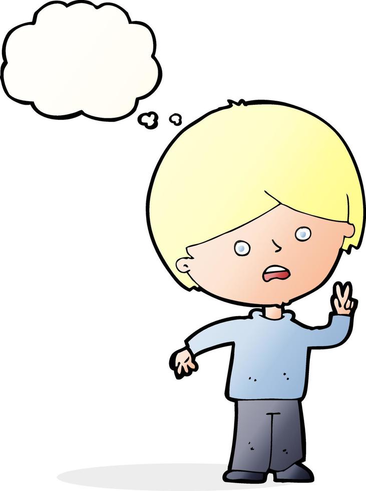 cartoon unhappy boy giving peace sign with thought bubble vector