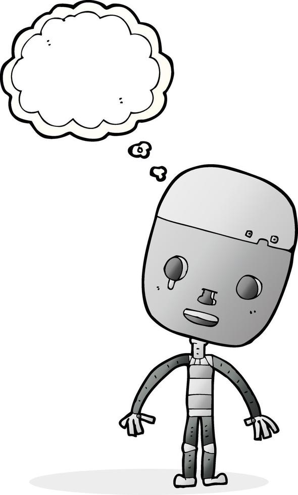 caricatura, triste, robot, con, burbuja del pensamiento vector