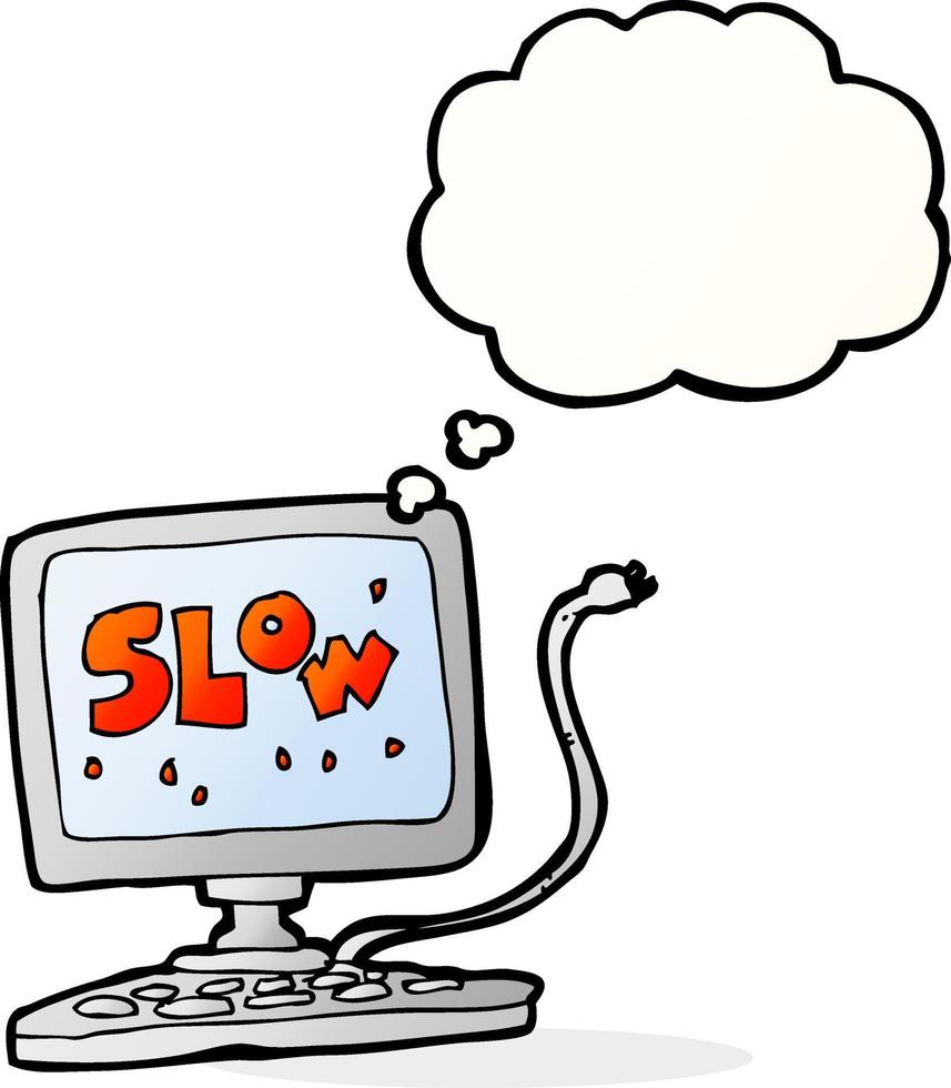 cartoon slow computer with thought bubble vector