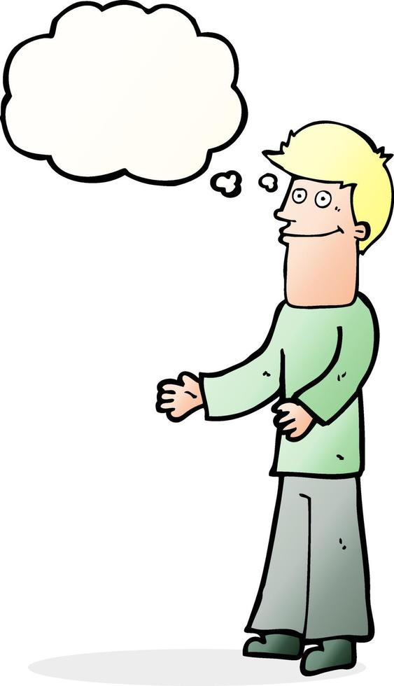 cartoon man shrugging shoulders with thought bubble vector