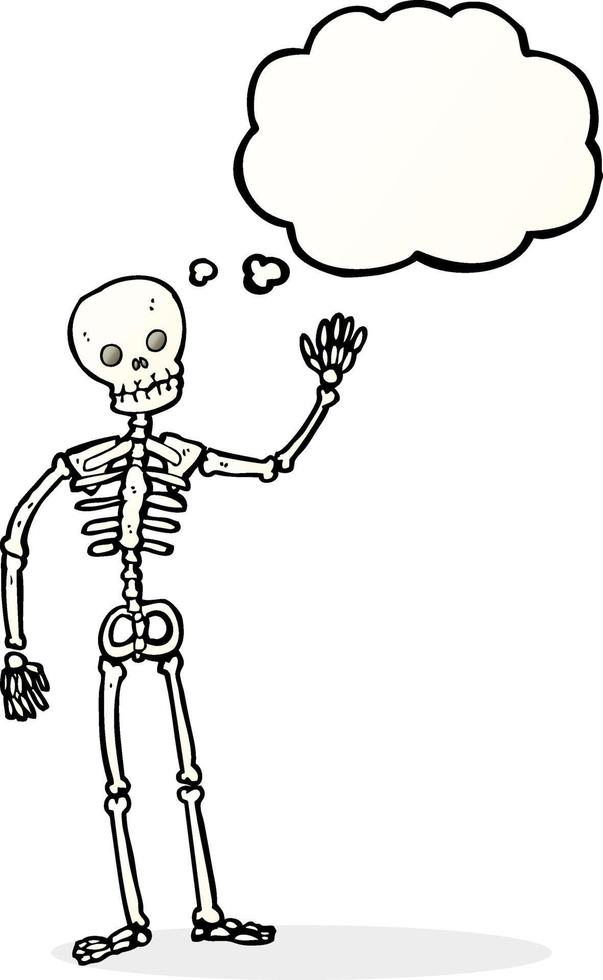 cartoon waving skeleton with thought bubble vector