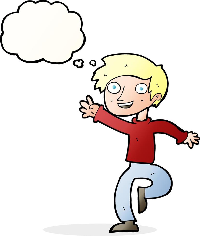 cartoon excited boy dancing with thought bubble vector