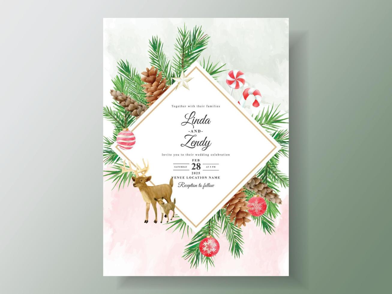 hermosa plantilla de tarjeta de invitación de boda con tema navideño vector