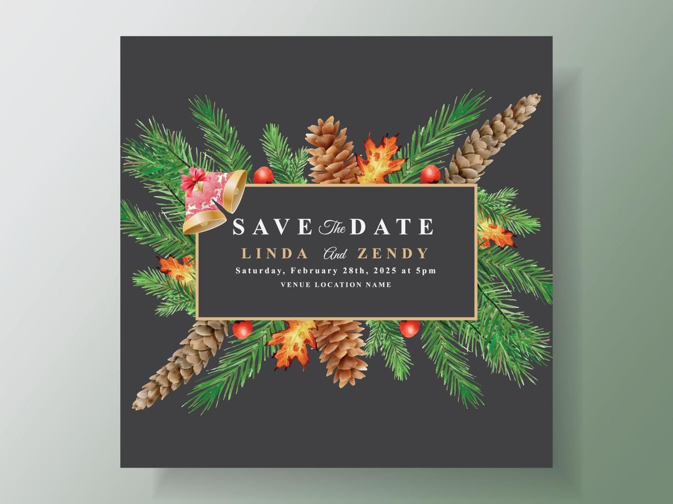 hermosa plantilla de tarjeta de invitación de boda con tema navideño vector