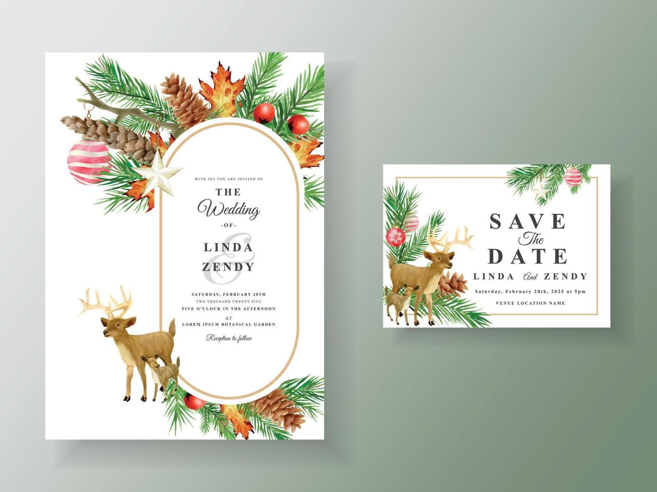 hermosa plantilla de tarjeta de invitación de boda con tema navideño vector