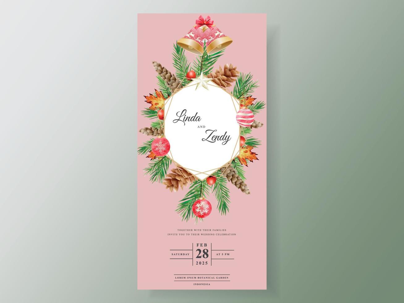 beautiful wedding invitation card template with christmas theme vector