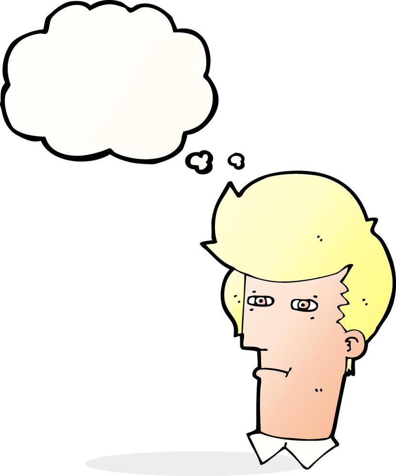 cartoon man narrowing eyes with thought bubble vector