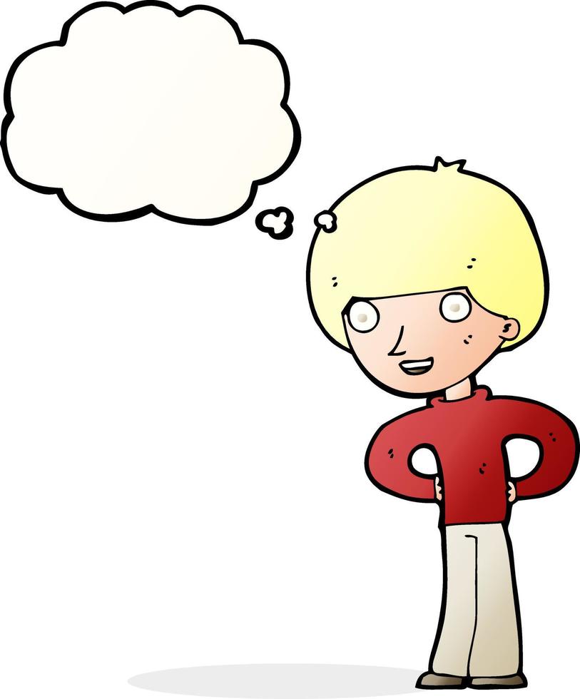 cartoon happy boy with hands on hips with thought bubble vector
