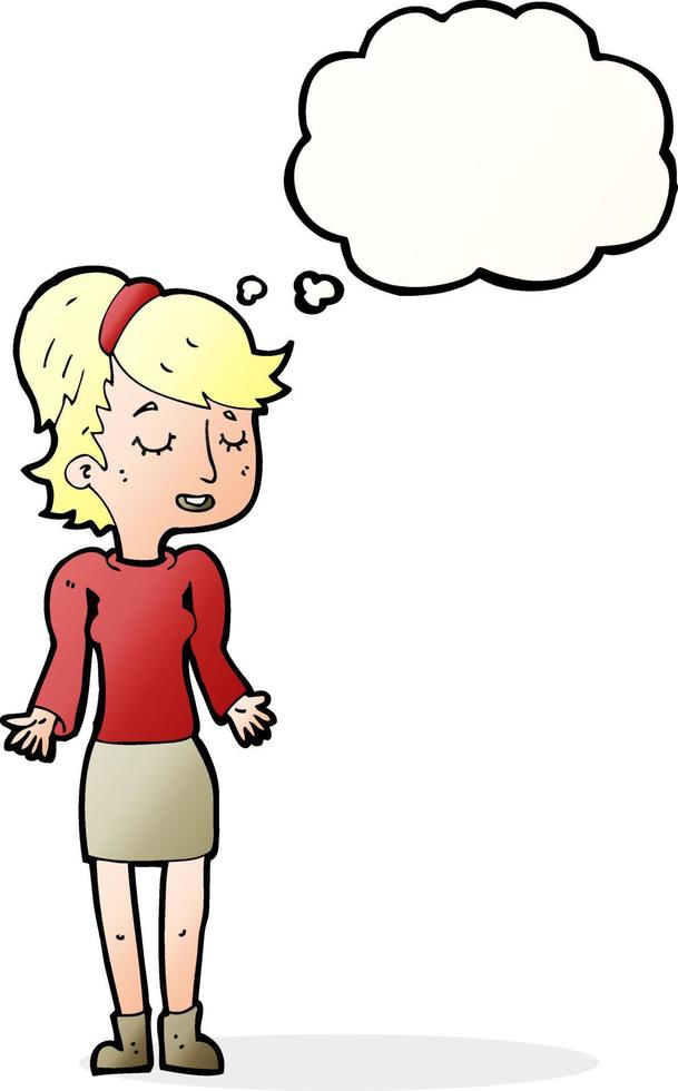 cartoon woman shrugging shoulders with thought bubble vector