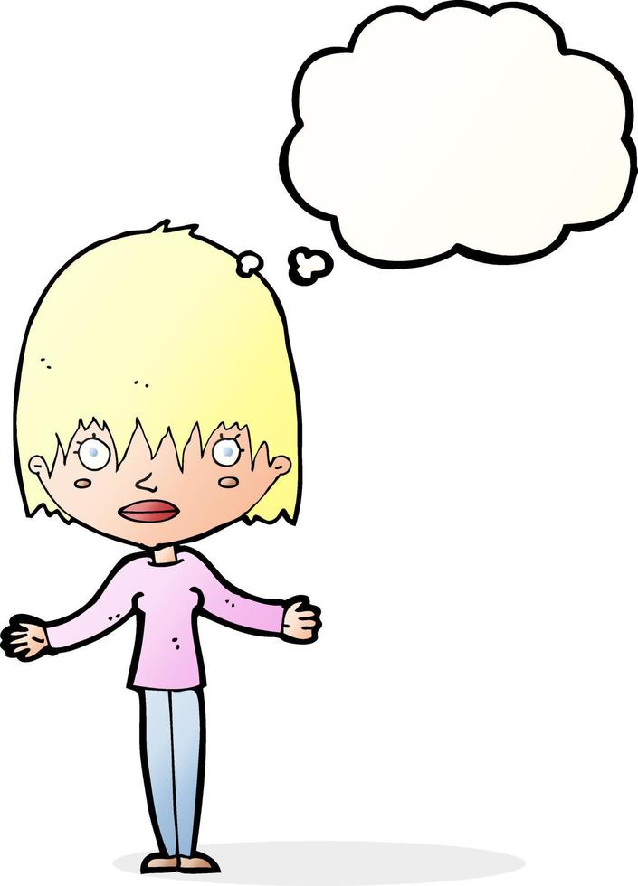 cartoon woman shrugging shoulders with thought bubble vector