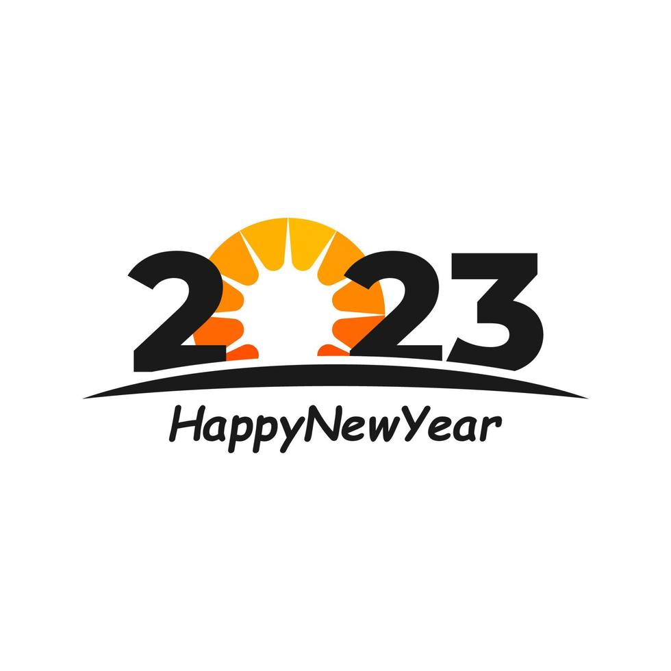 Happy New Year 2023 text with Sun design concept. Cover of business diary for 2023 with wishes. Brochure design template, card, banner. Vector illustration. Isolated on white background.