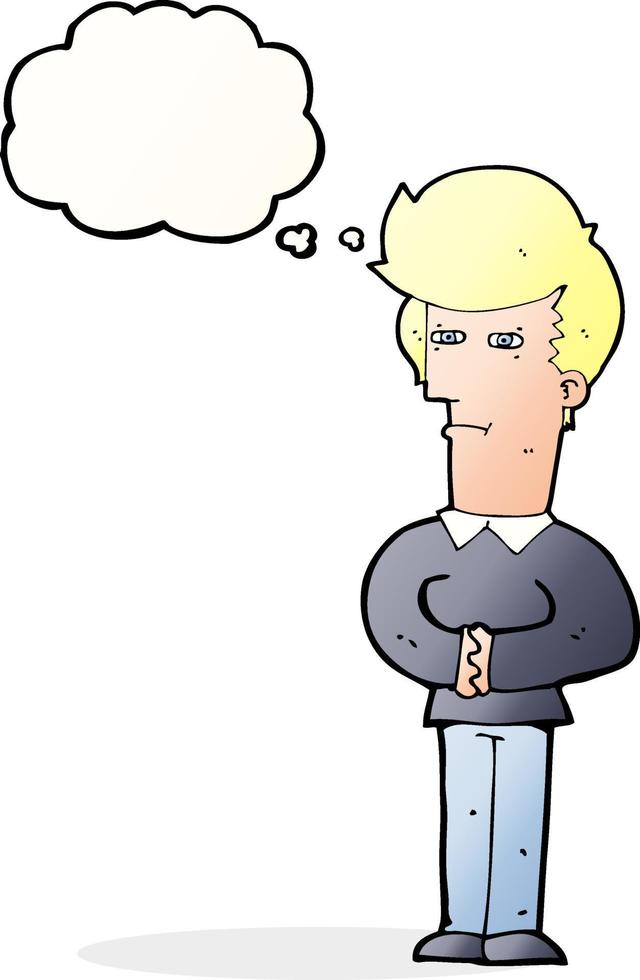 cartoon man narrowing his eyes with thought bubble vector