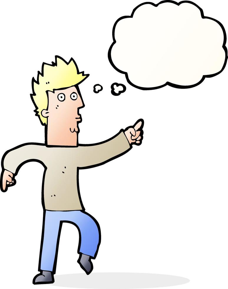 cartoon worried man pointing with thought bubble vector