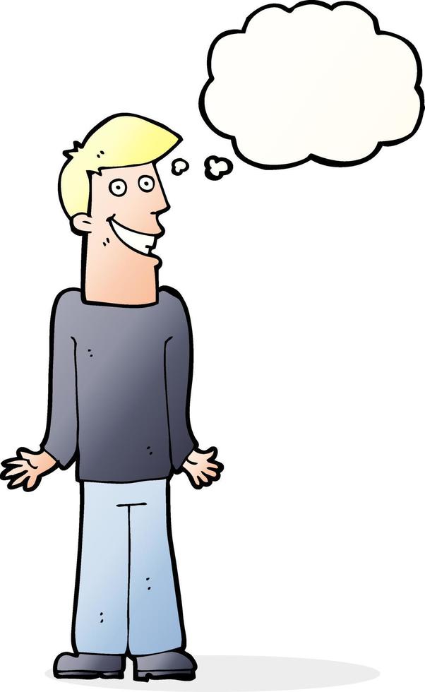 cartoon man shrugging shoulders with thought bubble vector