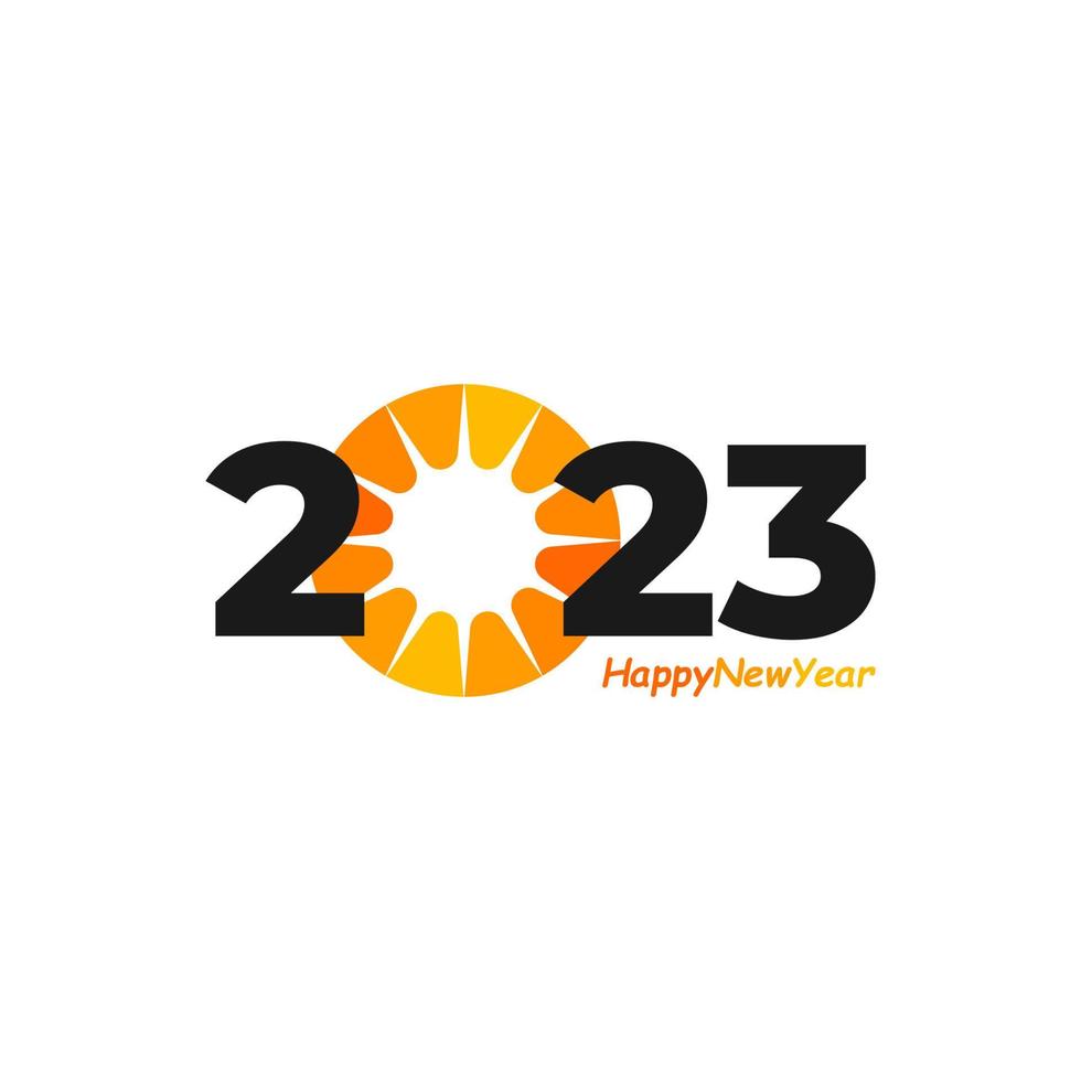 Happy New Year 2023 text with Sun design concept. Cover of business diary for 2023 with wishes. Brochure design template, card, banner. Vector illustration. Isolated on white background.