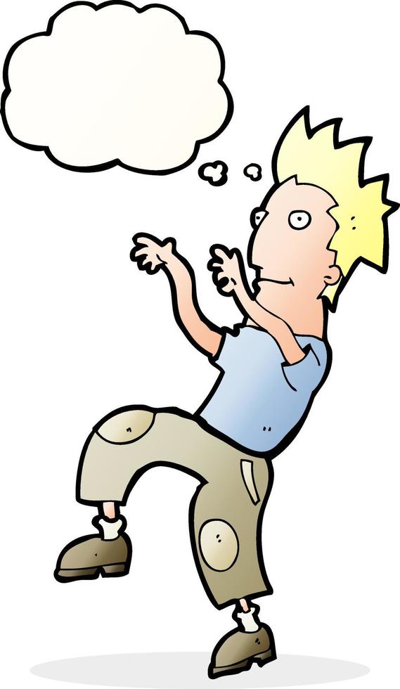 cartoon happy man doing funny dance with thought bubble vector