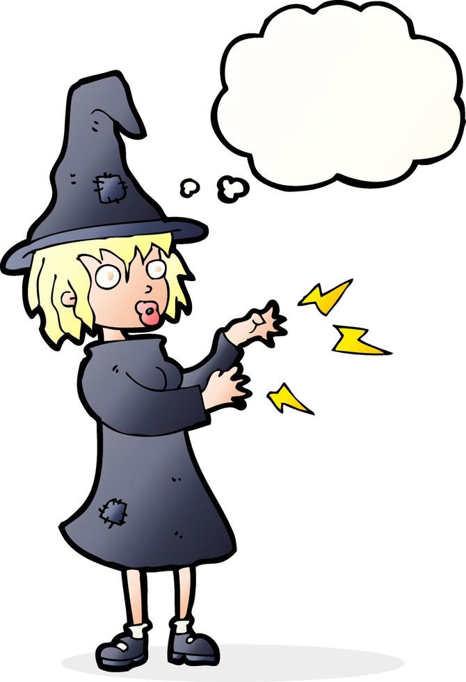 cartoon witch casting spell with thought bubble vector