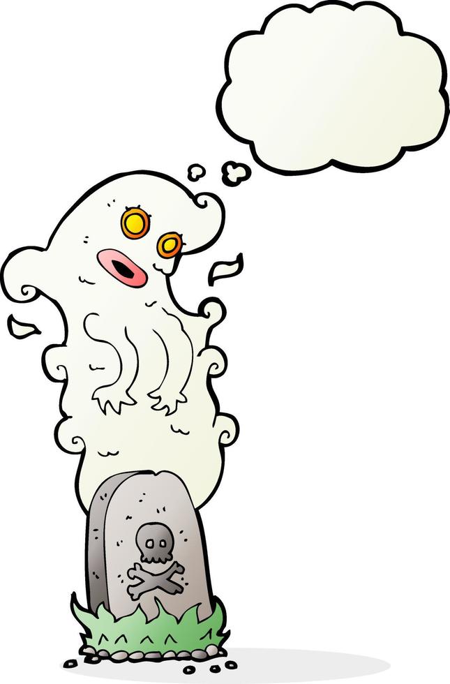 fantasma de dibujos animados saliendo de la tumba con burbuja de pensamiento vector