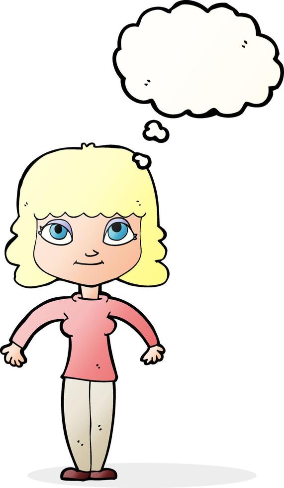 cartoon woman shrugging shoulders with thought bubble vector