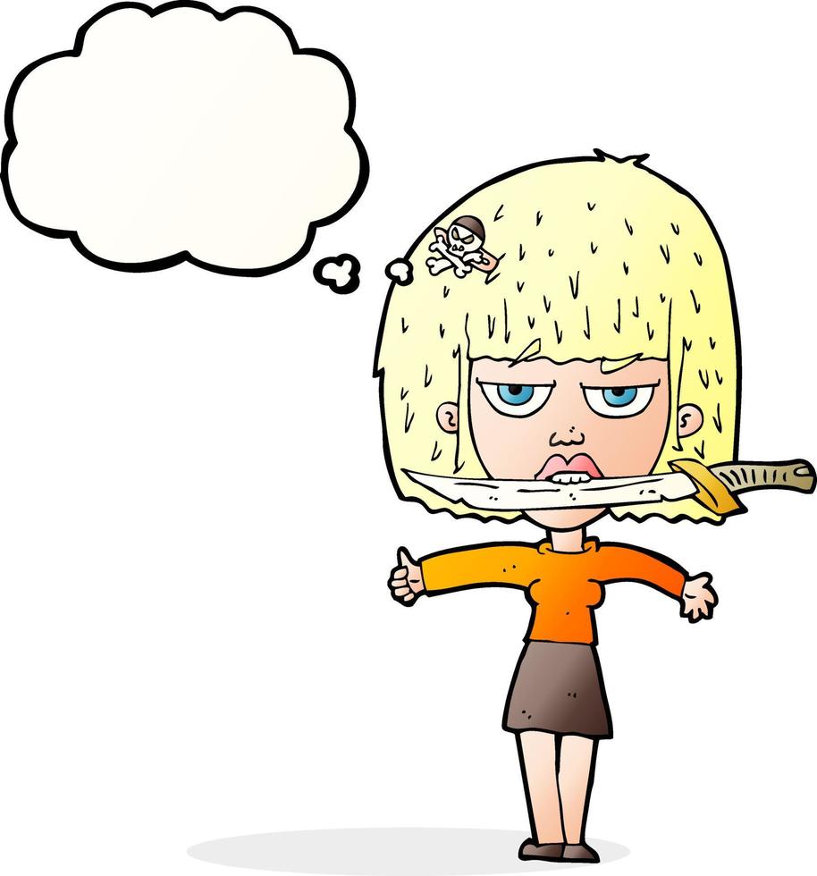 cartoon woman with knife between teeth with thought bubble vector