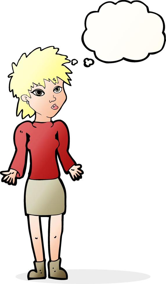 cartoon woman shrugging shoulders with thought bubble vector