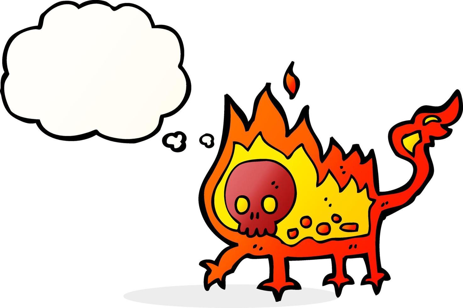 pequeño demonio de fuego de dibujos animados con burbuja de pensamiento vector