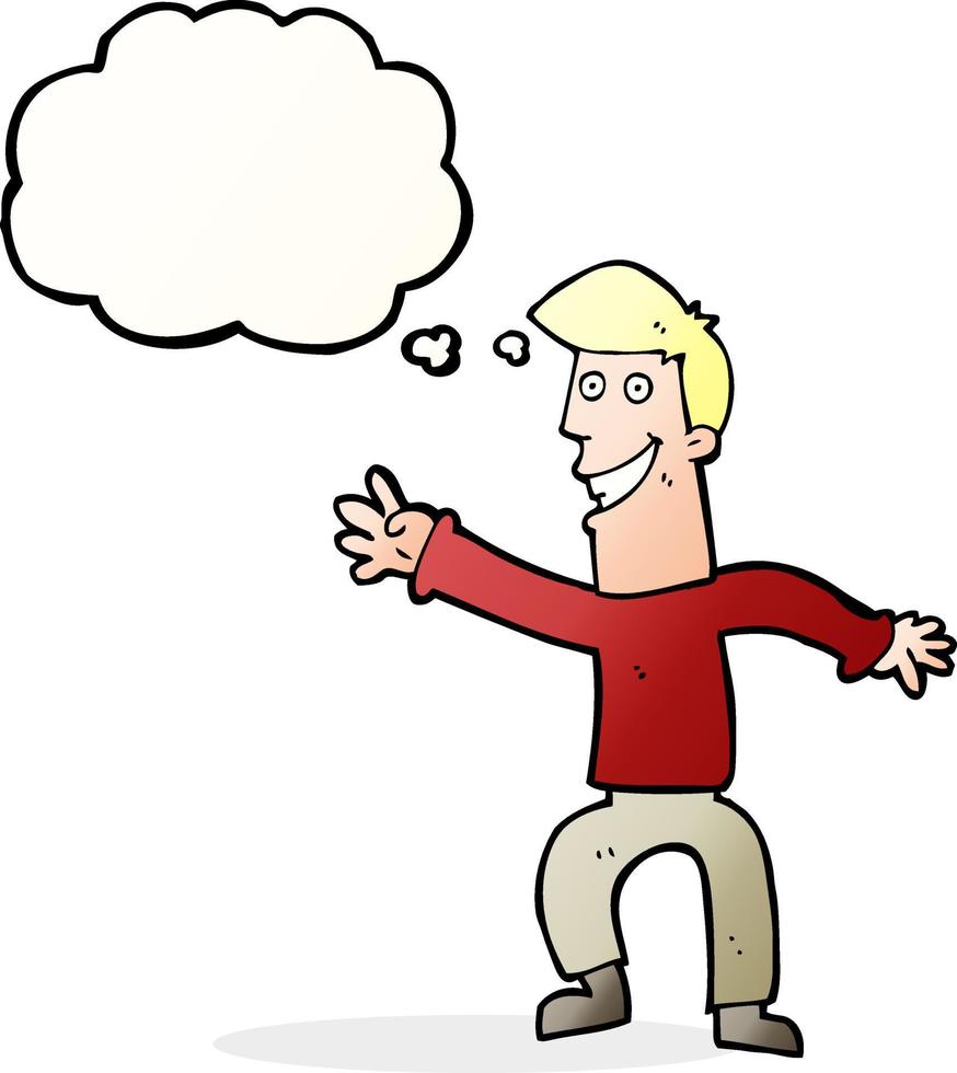 cartoon happy man dancing with thought bubble vector