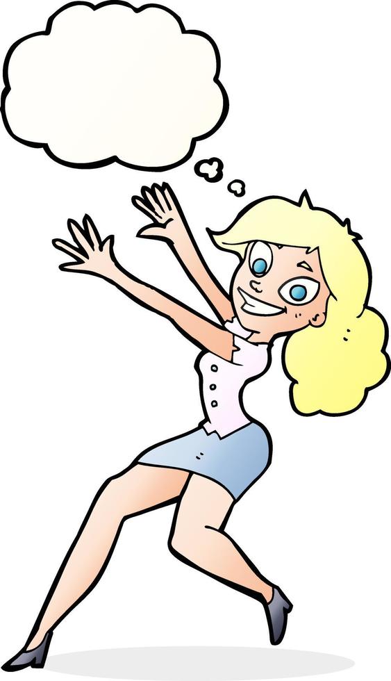 cartoon happy woman jumping with thought bubble vector
